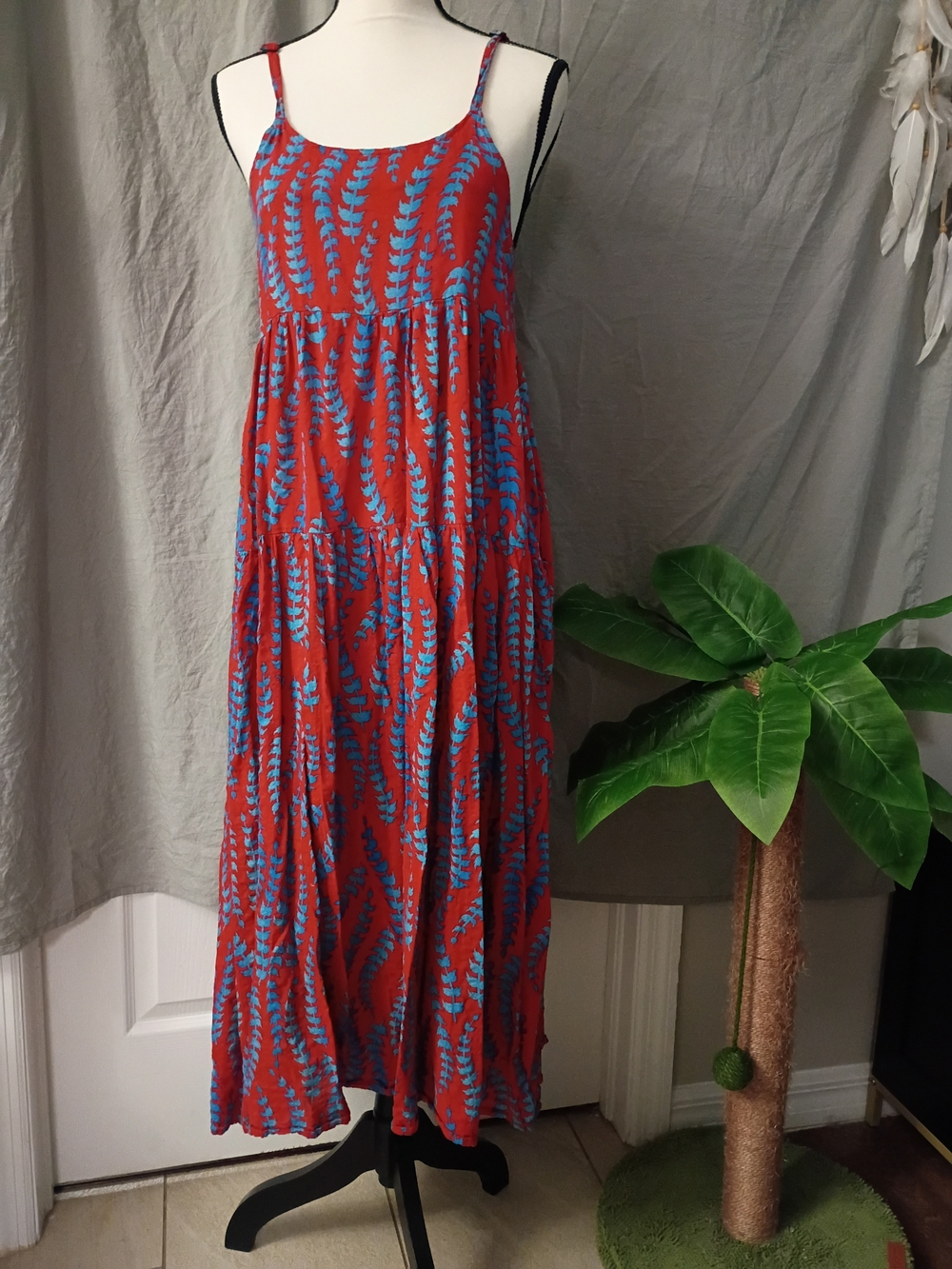 Red Maxi Dress with Blue Leaf Print